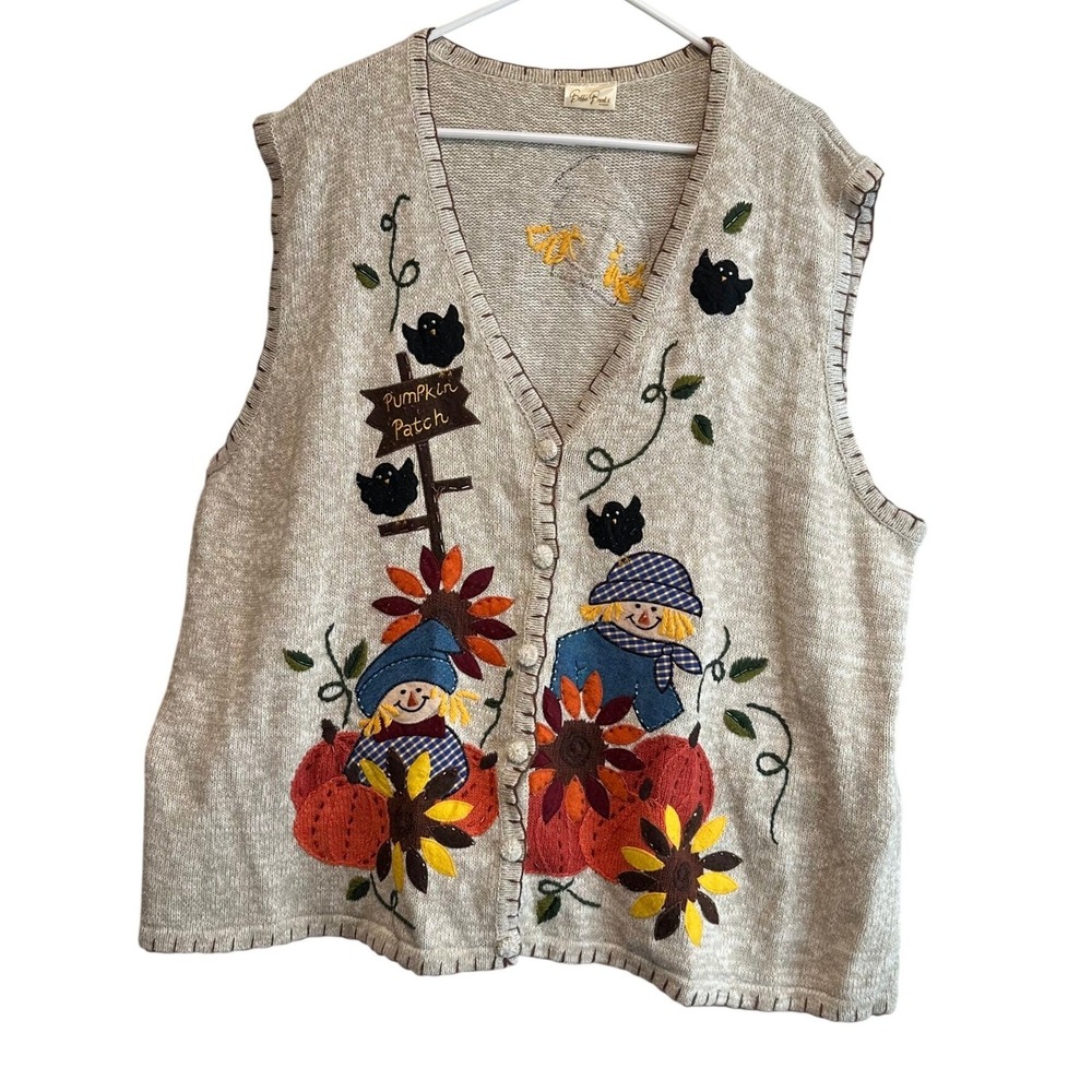 Vintage Bobbie Brooks Embroidered‎ Knit Vest Sweater Fall Scarecrow Pumpkin ? 3X